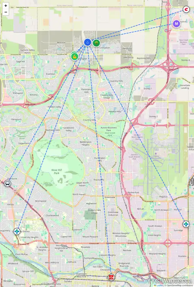 Daily accessibility map for 198 LUCAS CL NW, Calgary showing nearby schools, grocery stores, parks, LRT stations and nearby amenities