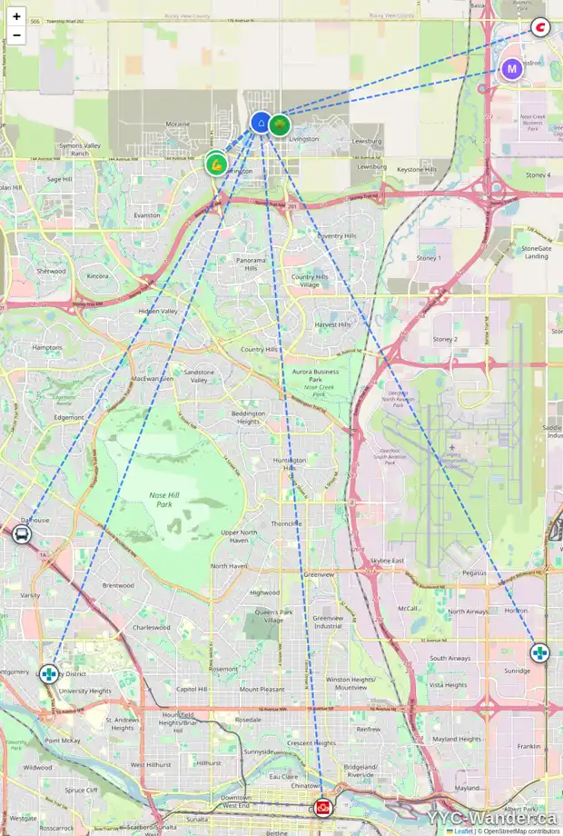 Daily accessibility map for 50 LUCAS CL NW, Calgary showing nearby schools, grocery stores, parks, LRT stations and nearby amenities