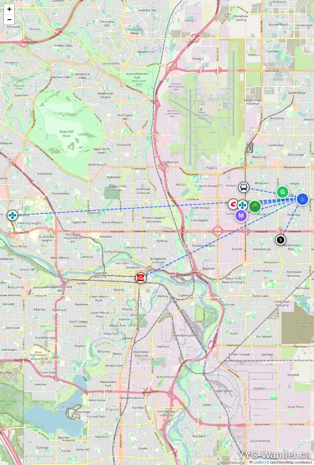 Daily accessibility map for 3307 64 ST NE, Calgary showing nearby schools, grocery stores, parks, LRT stations and nearby amenities