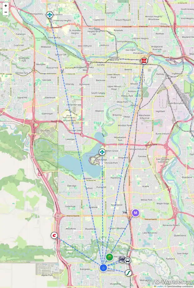 Daily accessibility map for 45 MILLVIEW PA SW, Calgary showing nearby schools, grocery stores, parks, LRT stations and nearby amenities