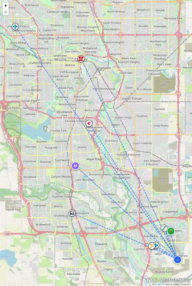 Daily accessibility map for 7641 202 AV SE, Calgary showing nearby schools, grocery stores, parks, LRT stations and nearby amenities