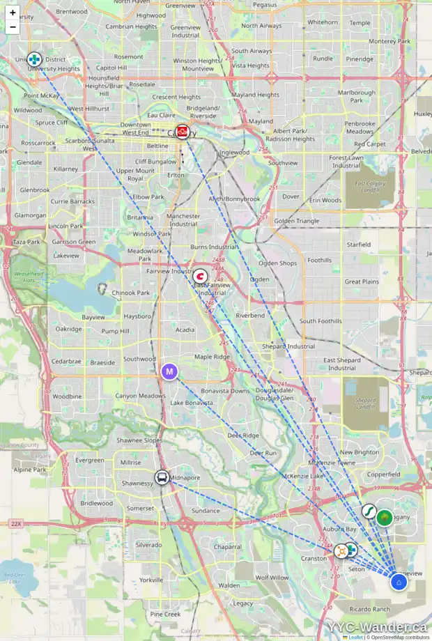 Daily accessibility map for 7625 202 AV SE, Calgary showing nearby schools, grocery stores, parks, LRT stations and nearby amenities