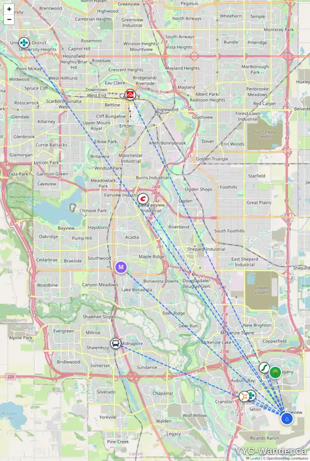 Daily accessibility map for 7665 202 AV SE, Calgary showing nearby schools, grocery stores, parks, LRT stations and nearby amenities