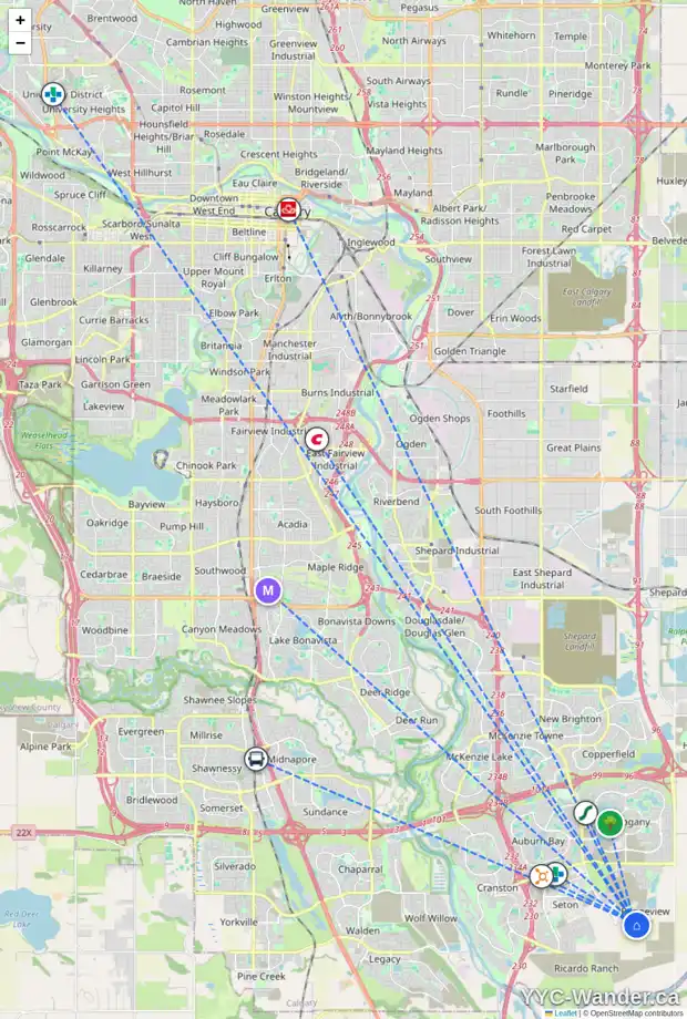 Daily accessibility map for 7669 202 AV SE, Calgary showing nearby schools, grocery stores, parks, LRT stations and nearby amenities