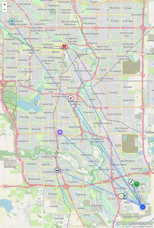 Daily accessibility map for 7685 202 AV SE, Calgary showing nearby schools, grocery stores, parks, LRT stations and nearby amenities