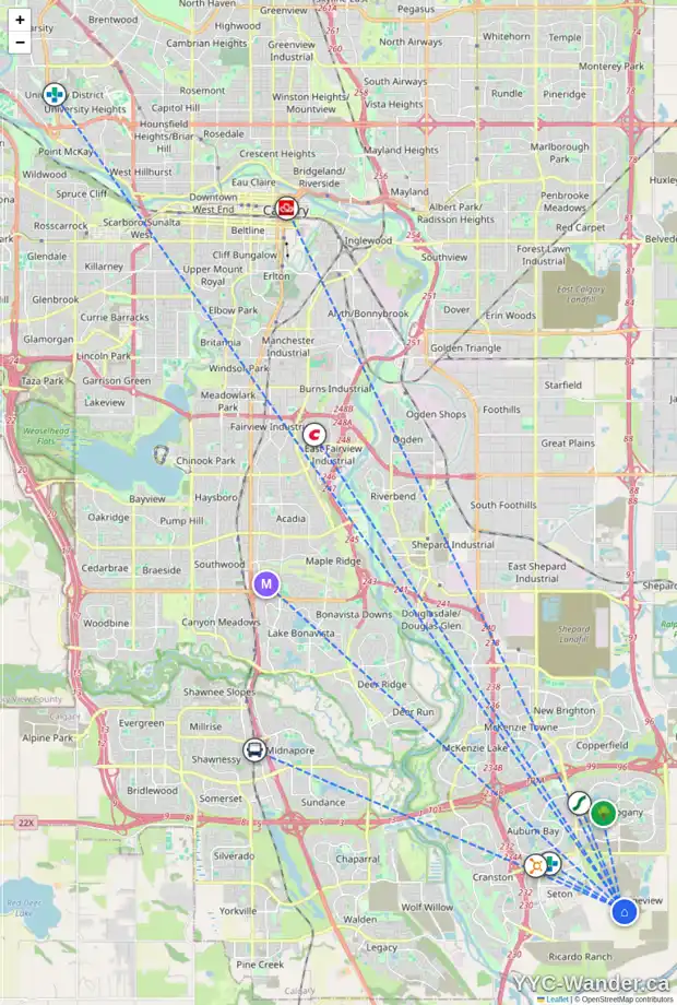 Daily accessibility map for 7610 202 AV SE, Calgary showing nearby schools, grocery stores, parks, LRT stations and nearby amenities