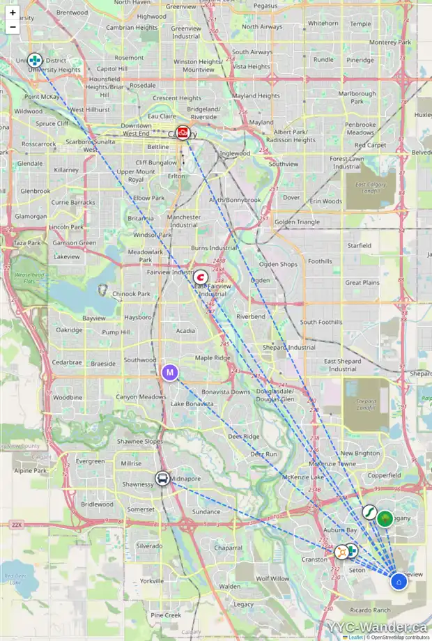 Daily accessibility map for 7622 202 AV SE, Calgary showing nearby schools, grocery stores, parks, LRT stations and nearby amenities