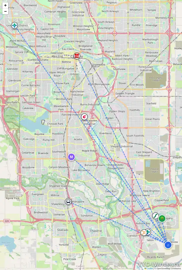 Daily accessibility map for 7626 202 AV SE, Calgary showing nearby schools, grocery stores, parks, LRT stations and nearby amenities
