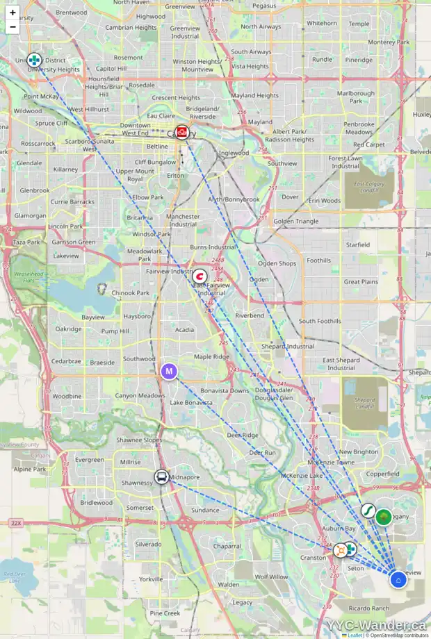 Daily accessibility map for 7638 202 AV SE, Calgary showing nearby schools, grocery stores, parks, LRT stations and nearby amenities