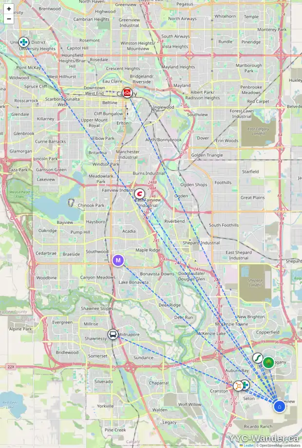 Daily accessibility map for 7650 202 AV SE, Calgary showing nearby schools, grocery stores, parks, LRT stations and nearby amenities