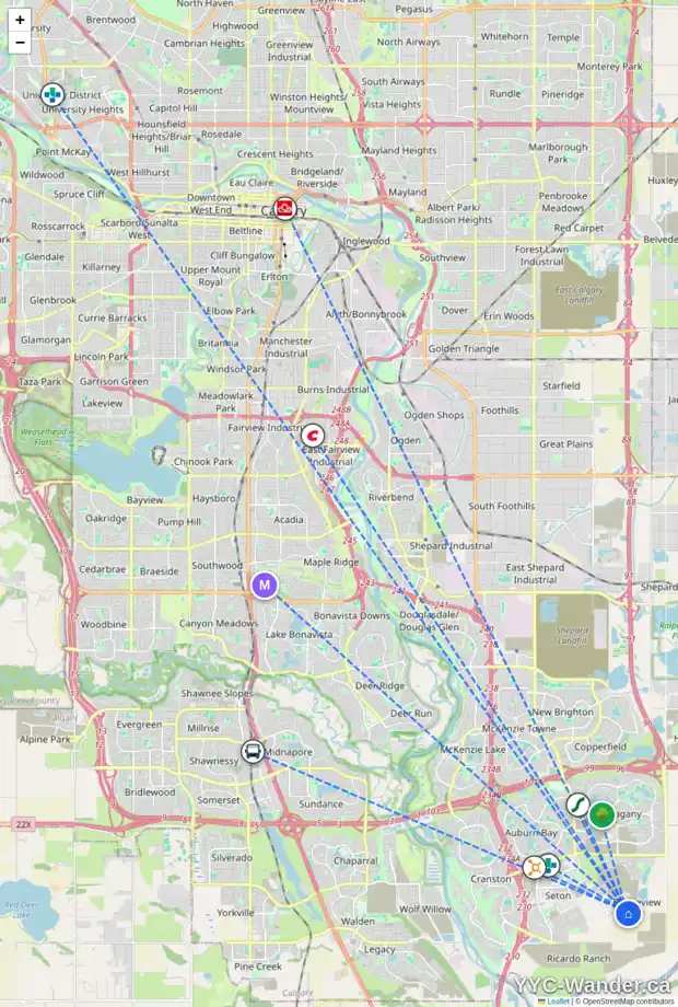 Daily accessibility map for 7670 202 AV SE, Calgary showing nearby schools, grocery stores, parks, LRT stations and nearby amenities