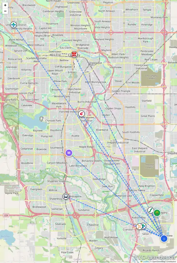 Daily accessibility map for 7686 202 AV SE, Calgary showing nearby schools, grocery stores, parks, LRT stations and nearby amenities