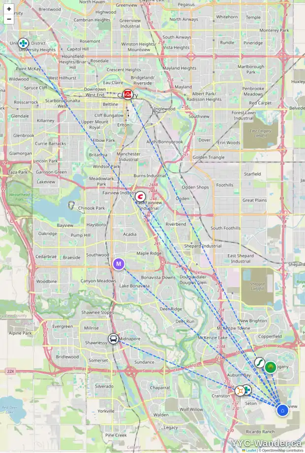 Daily accessibility map for 67 FINCH GD SE, Calgary showing nearby schools, grocery stores, parks, LRT stations and nearby amenities