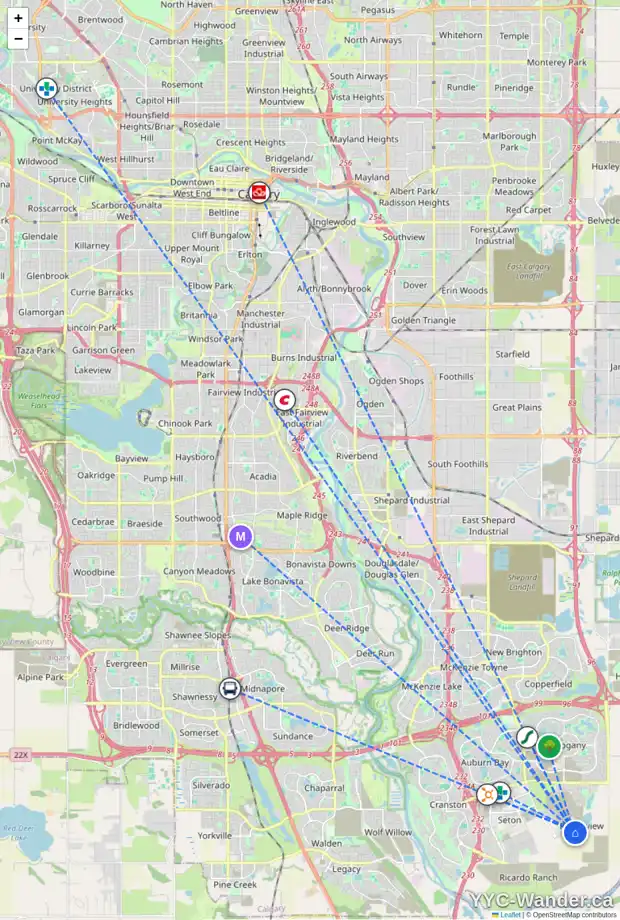 Daily accessibility map for 86 FINCH GD SE, Calgary showing nearby schools, grocery stores, parks, LRT stations and nearby amenities