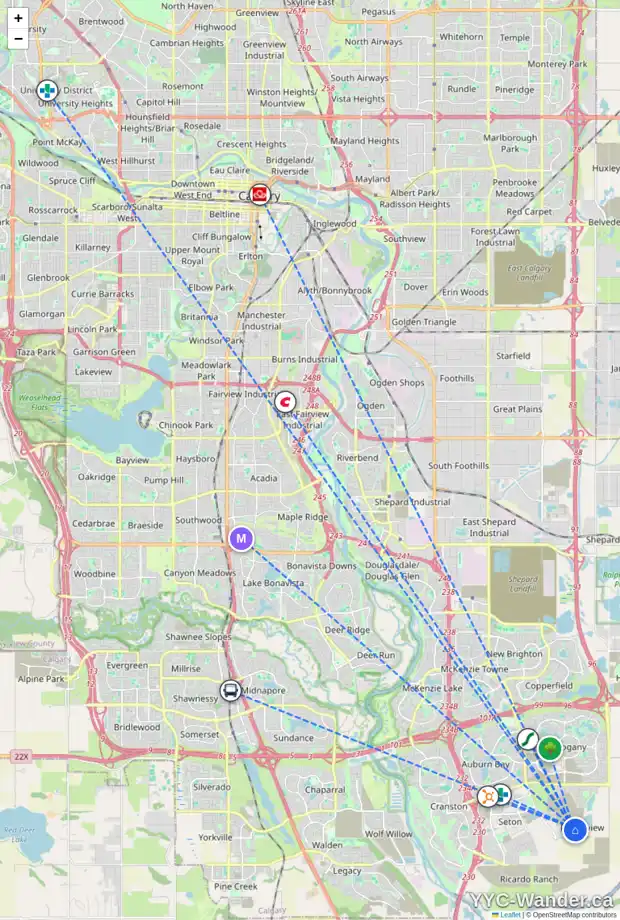 Daily accessibility map for 11 FINCH CM SE, Calgary showing nearby schools, grocery stores, parks, LRT stations and nearby amenities