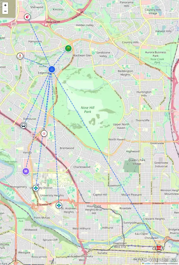 Daily accessibility map for 327 EDGEBANK PL NW, Calgary showing nearby schools, grocery stores, parks, LRT stations and nearby amenities