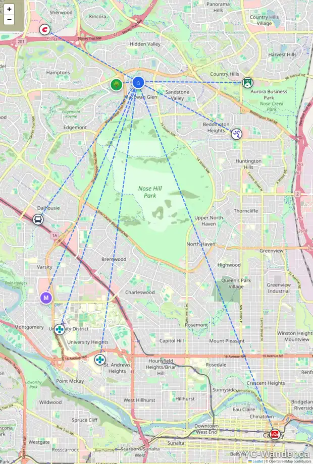 Daily accessibility map for 27 MACEWAN RIDGE CL NW, Calgary showing nearby schools, grocery stores, parks, LRT stations and nearby amenities