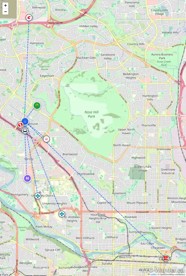 Daily accessibility map for 5120 DALHAM CR NW, Calgary showing nearby schools, grocery stores, parks, LRT stations and nearby amenities