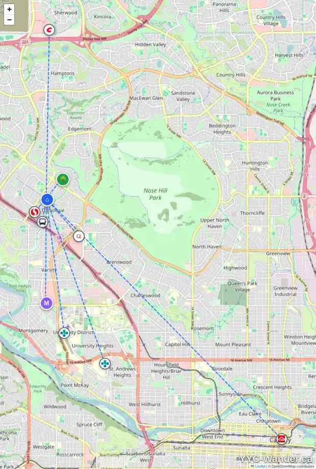 Daily accessibility map for 5019 DALHART RD NW, Calgary showing nearby schools, grocery stores, parks, LRT stations and nearby amenities