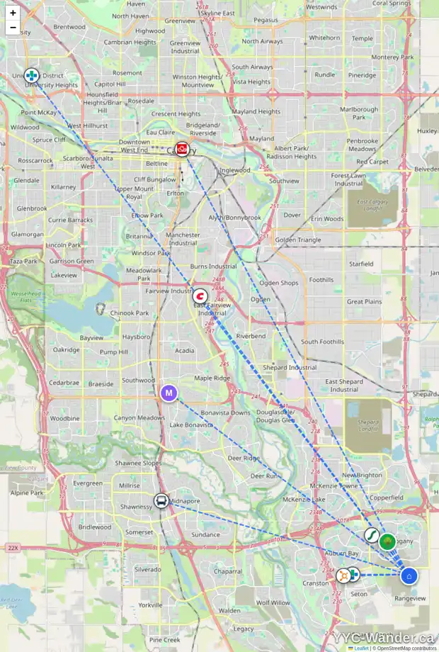 Daily accessibility map for 150 HEIRLOOM GR SE, Calgary showing nearby schools, grocery stores, parks, LRT stations and nearby amenities