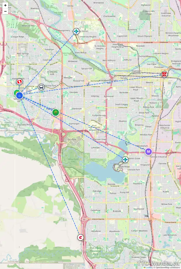 Daily accessibility map for 192 SPRING CREEK CI SW, Calgary showing nearby schools, grocery stores, parks, LRT stations and nearby amenities