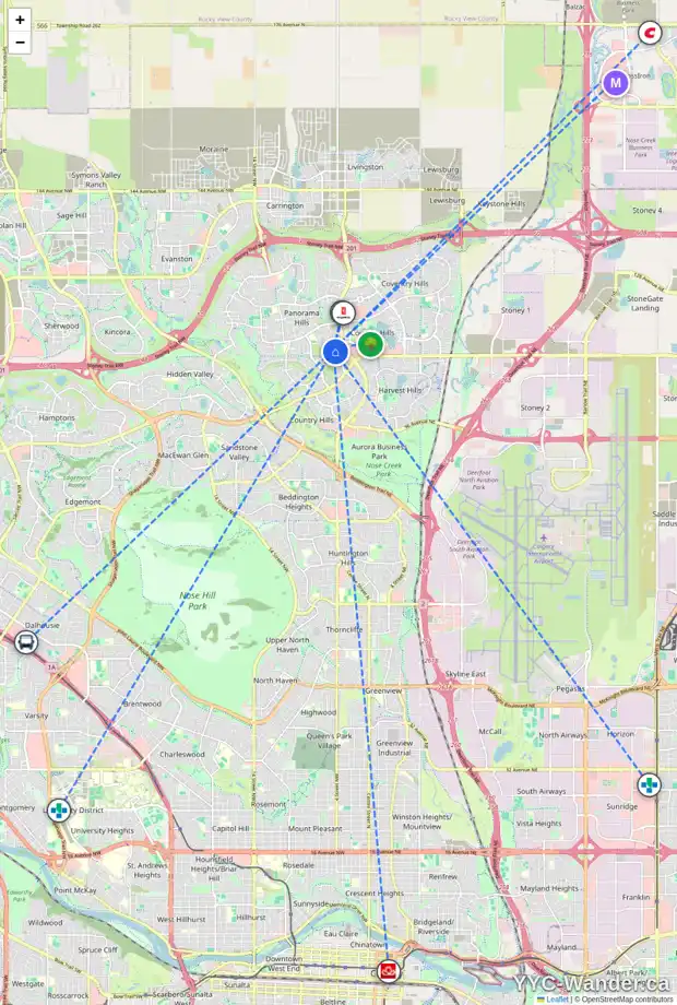 Daily accessibility map for 225 PANAMOUNT DR NW, Calgary showing nearby schools, grocery stores, parks, LRT stations and nearby amenities