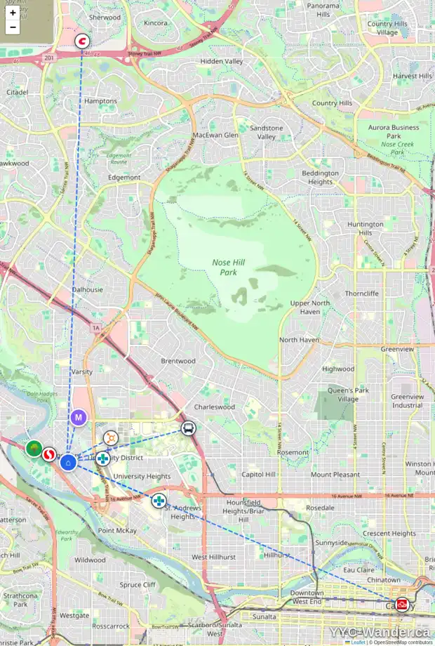 Daily accessibility map for 4719 19 AV NW, Calgary showing nearby schools, grocery stores, parks, LRT stations and nearby amenities