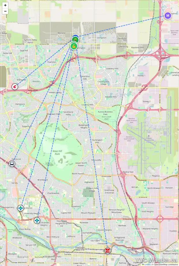 Daily accessibility map for 20 CARRINGWOOD GV NW, Calgary showing nearby schools, grocery stores, parks, LRT stations and nearby amenities