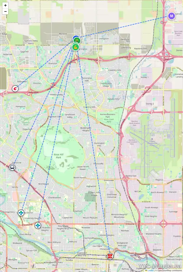 Daily accessibility map for 31 CARRINGWOOD MR NW, Calgary showing nearby schools, grocery stores, parks, LRT stations and nearby amenities