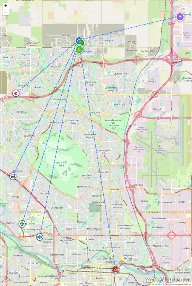 Daily accessibility map for 67 CARRINGWOOD MR NW, Calgary showing nearby schools, grocery stores, parks, LRT stations and nearby amenities