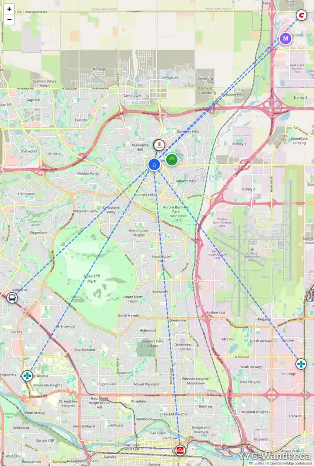 Daily accessibility map for 210 PANAMOUNT DR NW, Calgary showing nearby schools, grocery stores, parks, LRT stations and nearby amenities