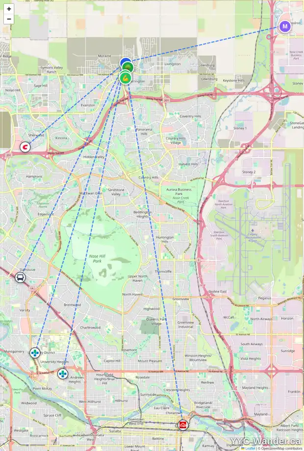 Daily accessibility map for 44 CARRINGWOOD MR NW, Calgary showing nearby schools, grocery stores, parks, LRT stations and nearby amenities
