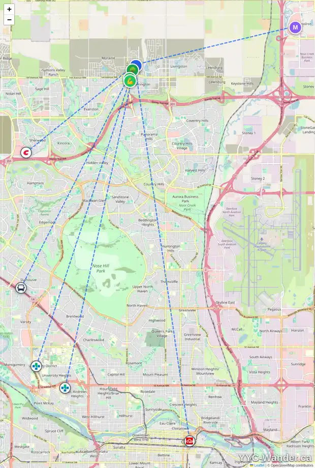 Daily accessibility map for 84 CARRINGWOOD CL NW, Calgary showing nearby schools, grocery stores, parks, LRT stations and nearby amenities