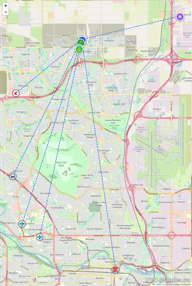 Daily accessibility map for 52 CARRINGWOOD CL NW, Calgary showing nearby schools, grocery stores, parks, LRT stations and nearby amenities