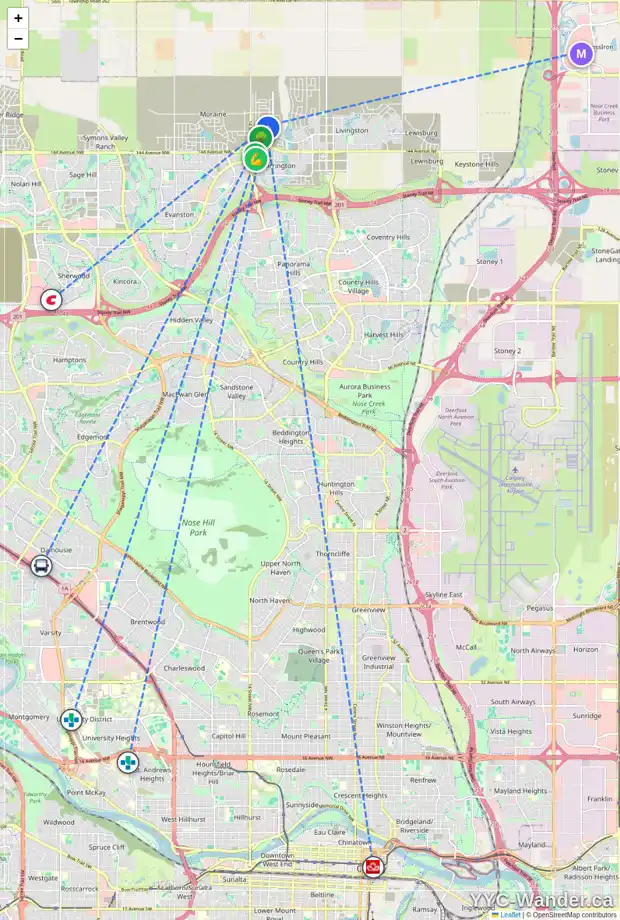 Daily accessibility map for 226 CARRINGWOOD CL NW, Calgary showing nearby schools, grocery stores, parks, LRT stations and nearby amenities