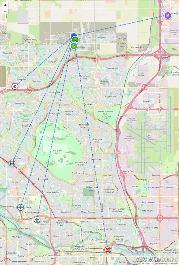 Daily accessibility map for 128 CARRINGWOOD MR NW, Calgary showing nearby schools, grocery stores, parks, LRT stations and nearby amenities