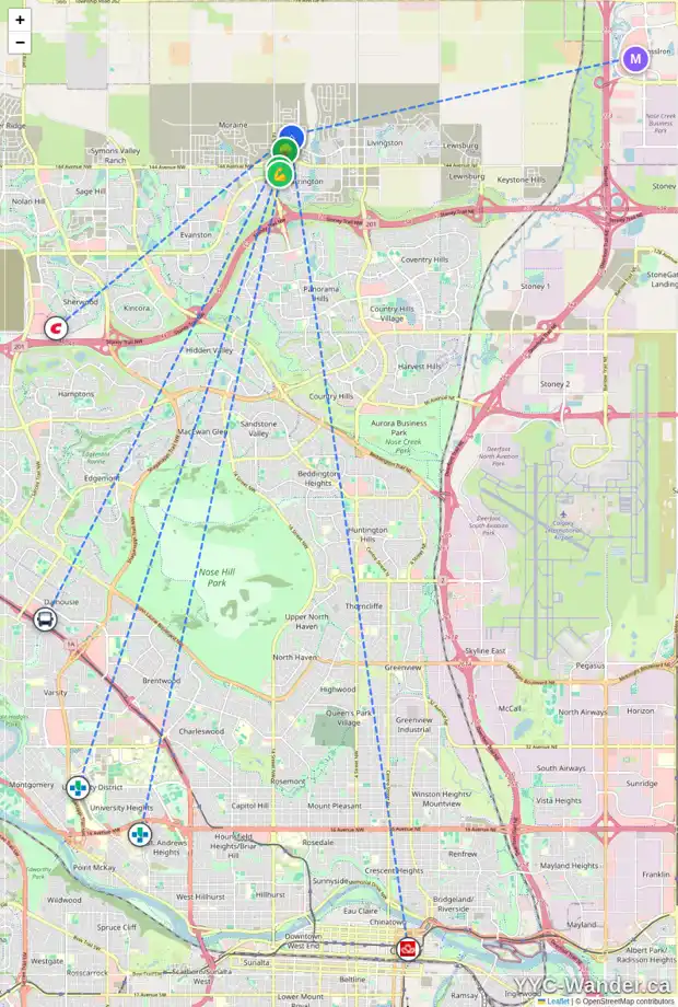Daily accessibility map for 241 CARRINGWOOD CL NW, Calgary showing nearby schools, grocery stores, parks, LRT stations and nearby amenities