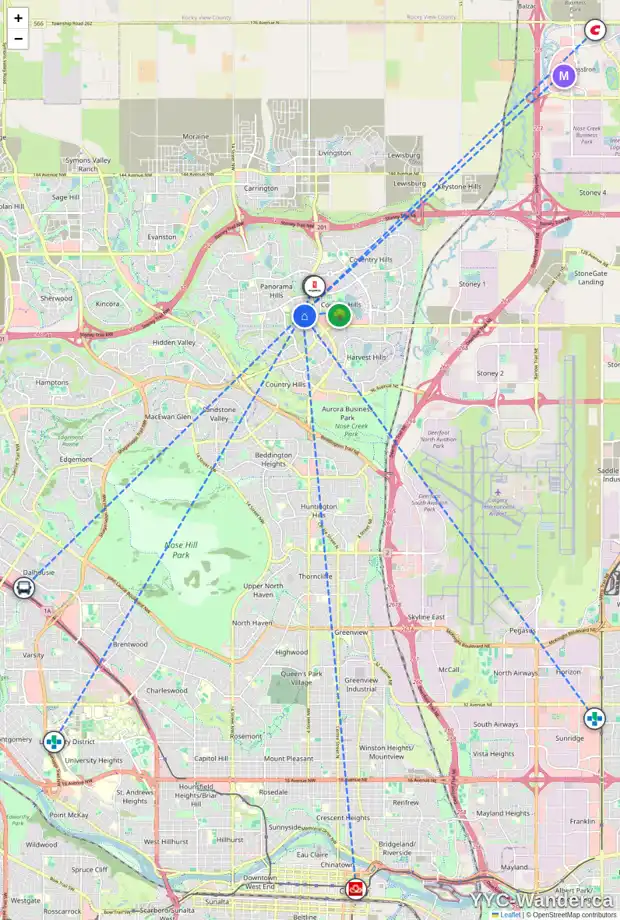 Daily accessibility map for 266 PANAMOUNT DR NW, Calgary showing nearby schools, grocery stores, parks, LRT stations and nearby amenities