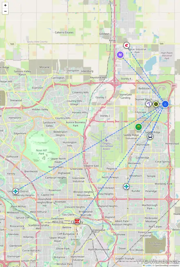 Daily accessibility map for 223 CORNERBROOK RD NE, Calgary showing nearby schools, grocery stores, parks, LRT stations and nearby amenities