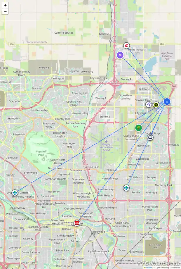 Daily accessibility map for 154 CORNERBROOK CR NE, Calgary showing nearby schools, grocery stores, parks, LRT stations and nearby amenities