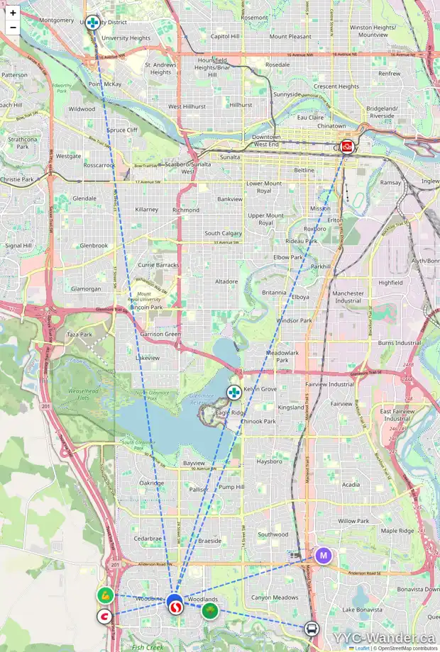 Daily accessibility map for 111 WOODGLEN CI SW, Calgary showing nearby schools, grocery stores, parks, LRT stations and nearby amenities