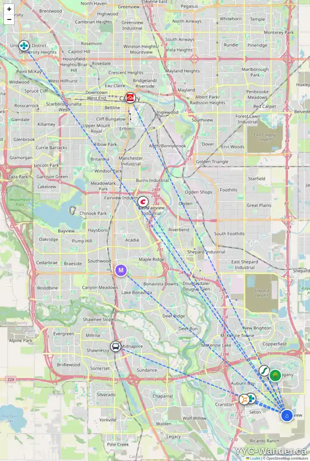 Daily accessibility map for 281 RANGEVIEW WY SE, Calgary showing nearby schools, grocery stores, parks, LRT stations and nearby amenities