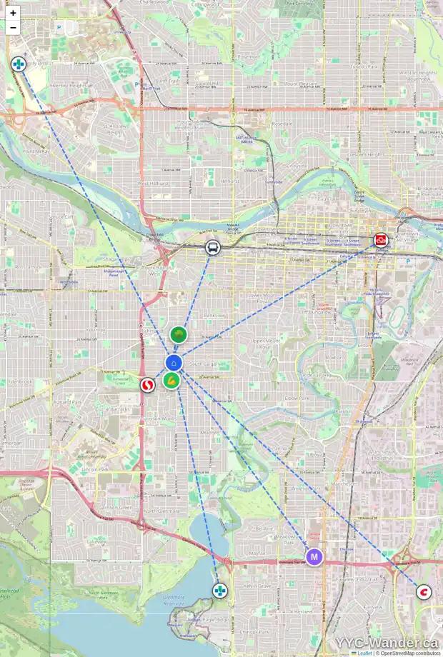 Daily accessibility map for 2111 30 AV SW, Calgary showing nearby schools, grocery stores, parks, LRT stations and nearby amenities