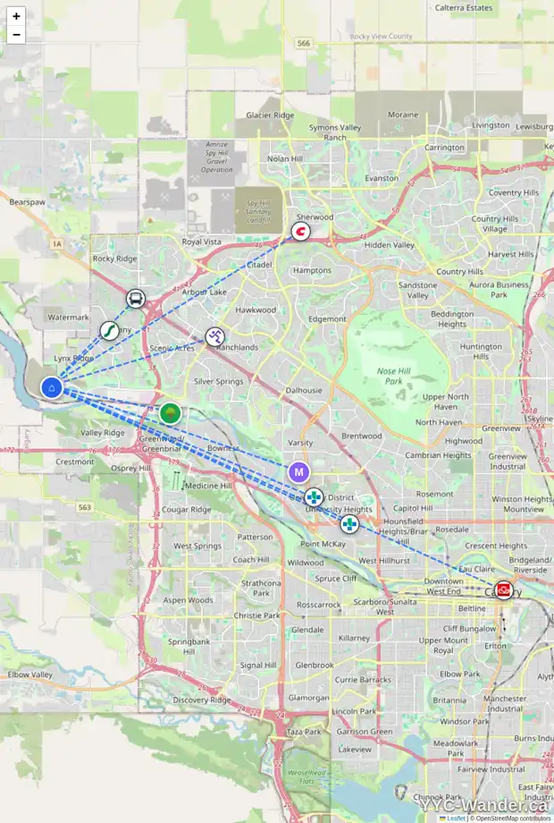 Daily accessibility map for 51 ROYSTON WY NW, Calgary showing nearby schools, grocery stores, parks, LRT stations and nearby amenities