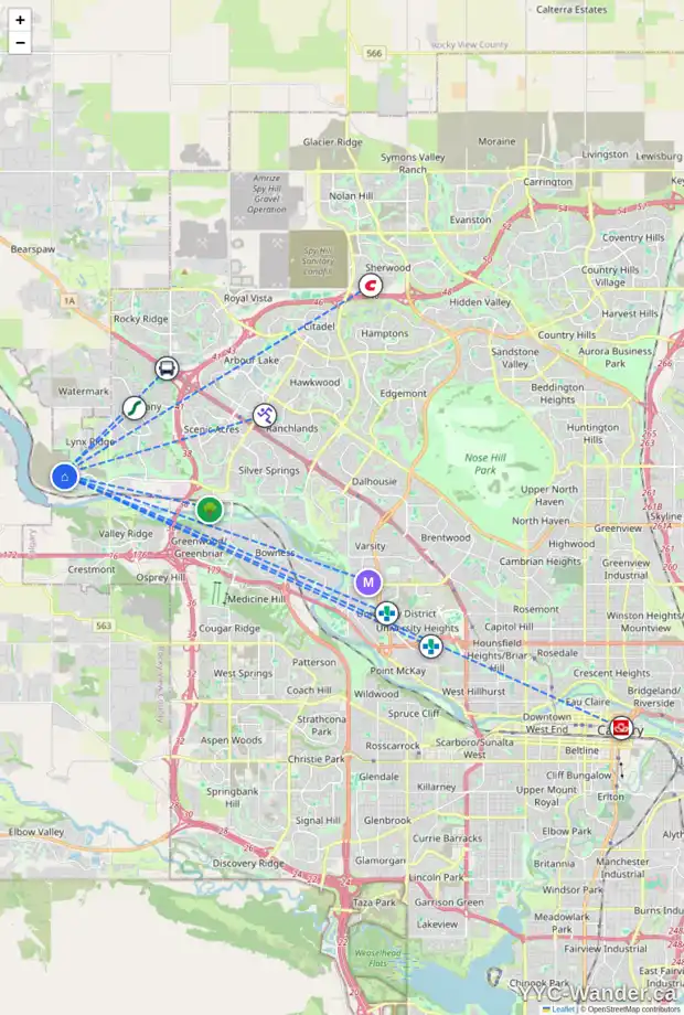 Daily accessibility map for 56 ROYSTON WY NW, Calgary showing nearby schools, grocery stores, parks, LRT stations and nearby amenities