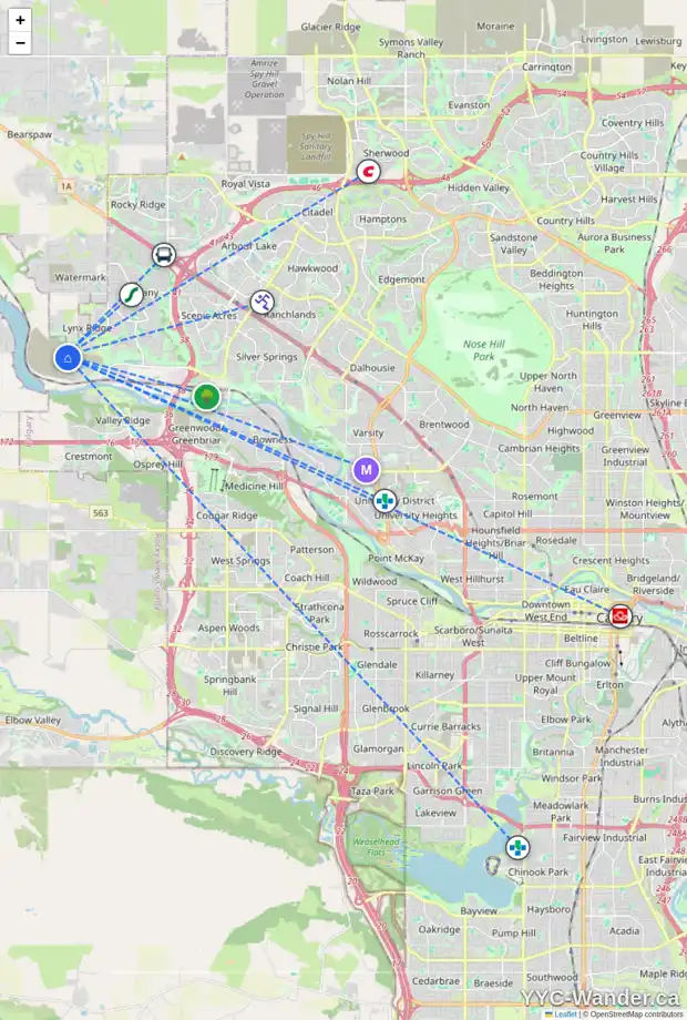Daily accessibility map for 73 ROCHESTER WY NW, Calgary showing nearby schools, grocery stores, parks, LRT stations and nearby amenities