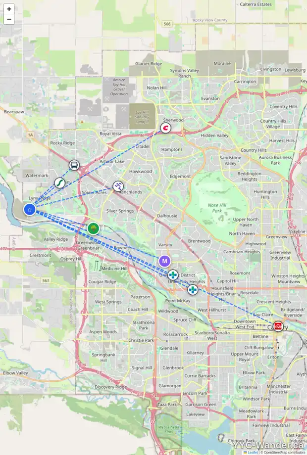 Daily accessibility map for 519 ROCHESTER TC NW, Calgary showing nearby schools, grocery stores, parks, LRT stations and nearby amenities