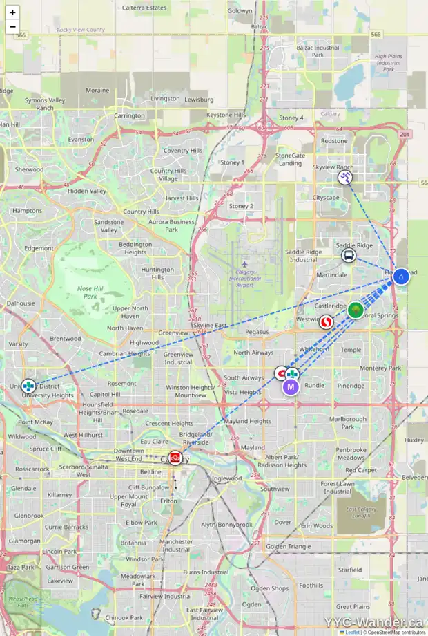 Daily accessibility map for 216 HOMESTEAD GV NE, Calgary showing nearby schools, grocery stores, parks, LRT stations and nearby amenities
