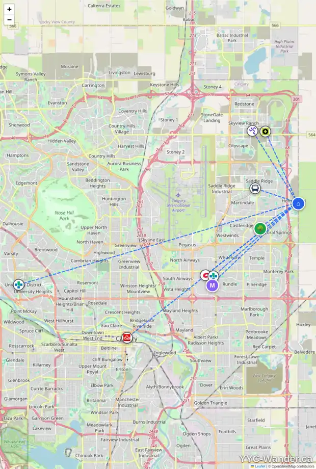 Daily accessibility map for 193 HOMESTEAD CR NE, Calgary showing nearby schools, grocery stores, parks, LRT stations and nearby amenities