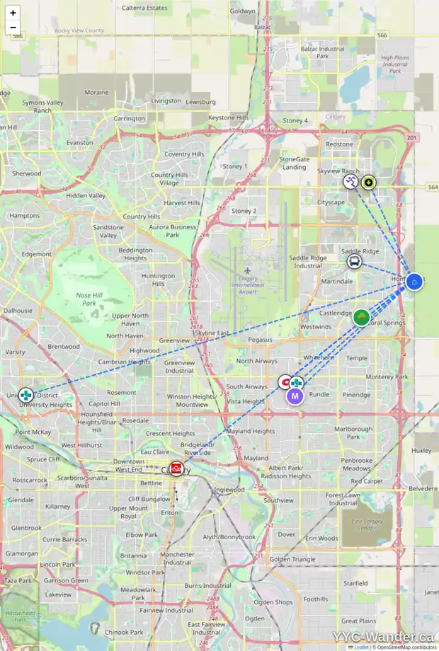 Daily accessibility map for 205 HOMESTEAD CR NE, Calgary showing nearby schools, grocery stores, parks, LRT stations and nearby amenities